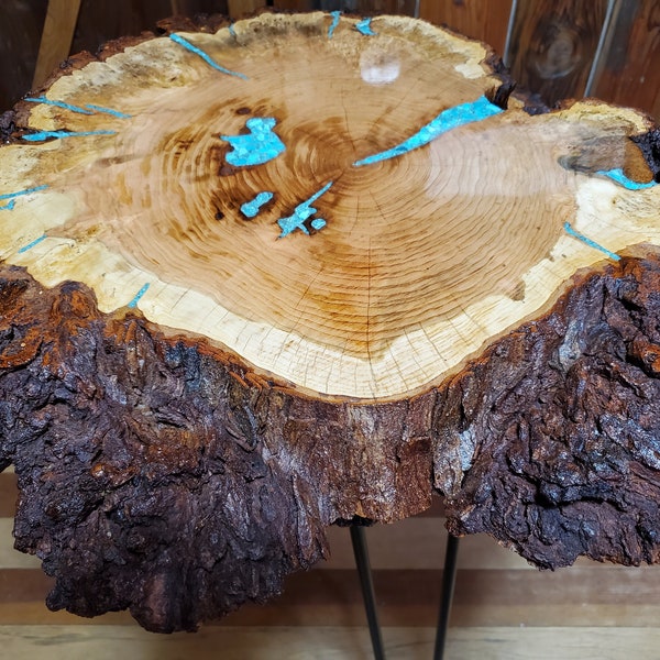 Cherry Burl Side-End Table-Coffee Table-Nightstand, With Arizona Kingman Turquoise Inlay, Hairpin Legs.