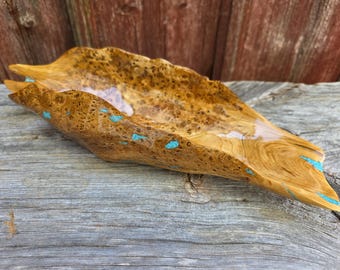 Cherry Burl Bowl, Kingman Turquoise Inlay, Hand Carved Sculpture, Rustic Centerpiece