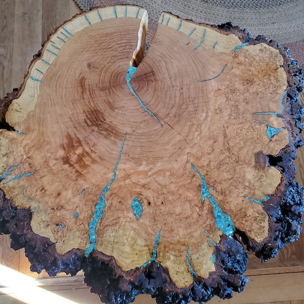 Cherry Burl Side-End Table-Coffee Table-Nightstand, With Arizona Kingman Turquoise Inlay, Hairpin Legs.