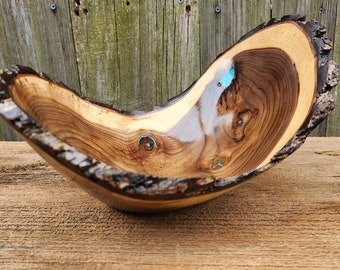 Black Walnut wood bowl with Arizona Turquoise Inlay, Fruit Bowl,  Artistic Natural Bark edge, food safe, rustic bowl