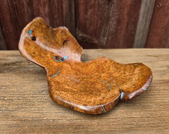 Hand Carved Cherry Burl Bowl: Turquoise Inlay, Rustic Wood Sculpture