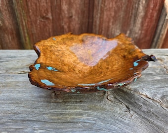 Tigela em madeira de cerejeira com incrustações de turquesa Kingman, escultura esculpida à mão, peça central rústica.