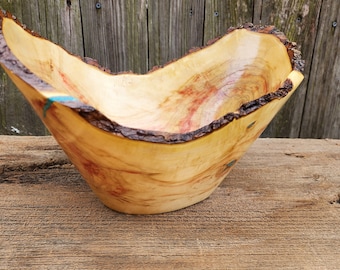 Boxelder wood bowl with Kingman Arizona turquoise inlay, Artistic Natural Bark edge, food safe, rustic fruit bowl, chainsaw hand carved