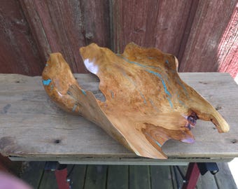 Cherry Burl Bowl mit Arizona Kingman Türkis Inlay, einzigartige künstlerische Skulptur, rustikales Herzstück, handgeschnitzte Kettensägen-Kreation