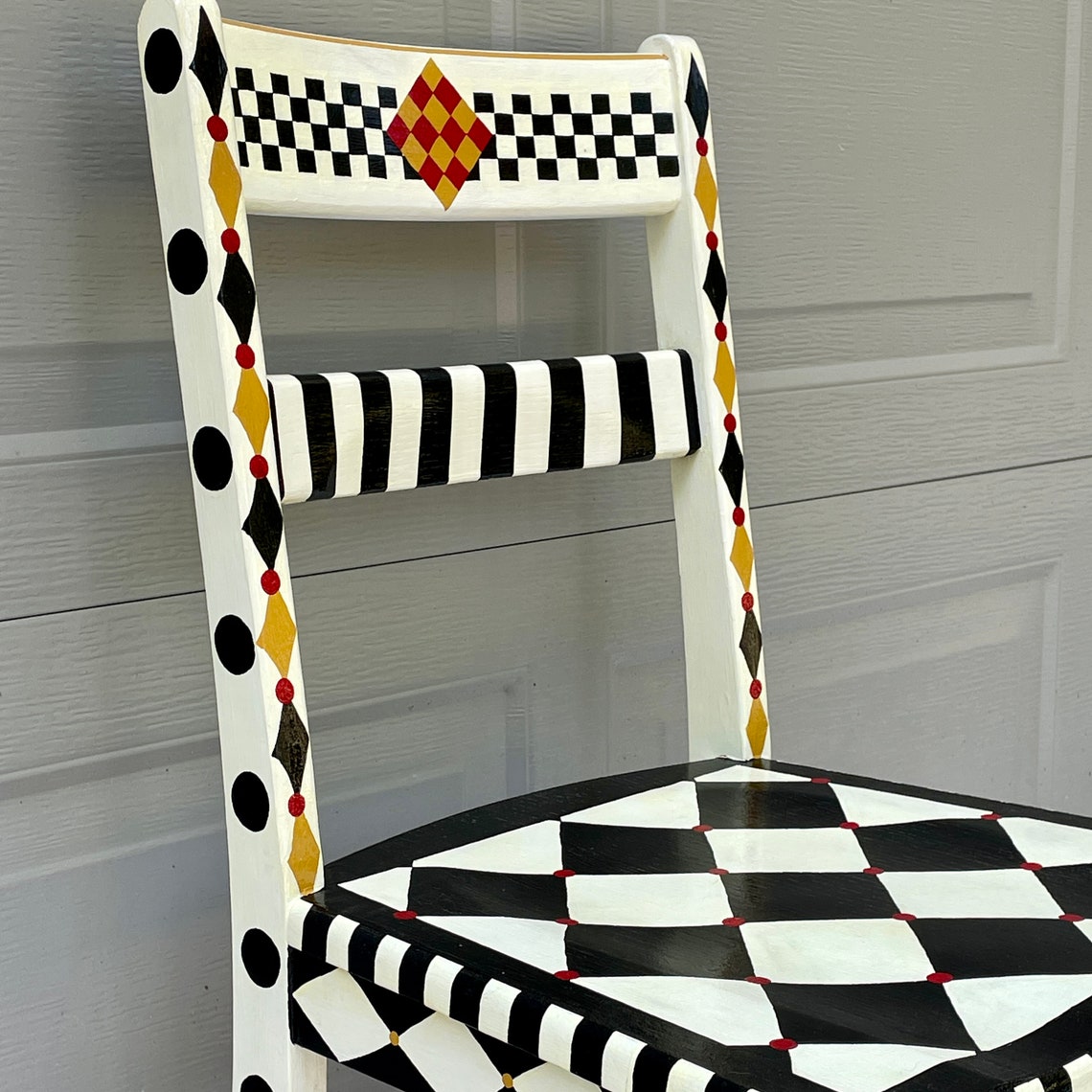 Whimsical Painted Desk Chair Black and White/cream Checkerboard Design ...