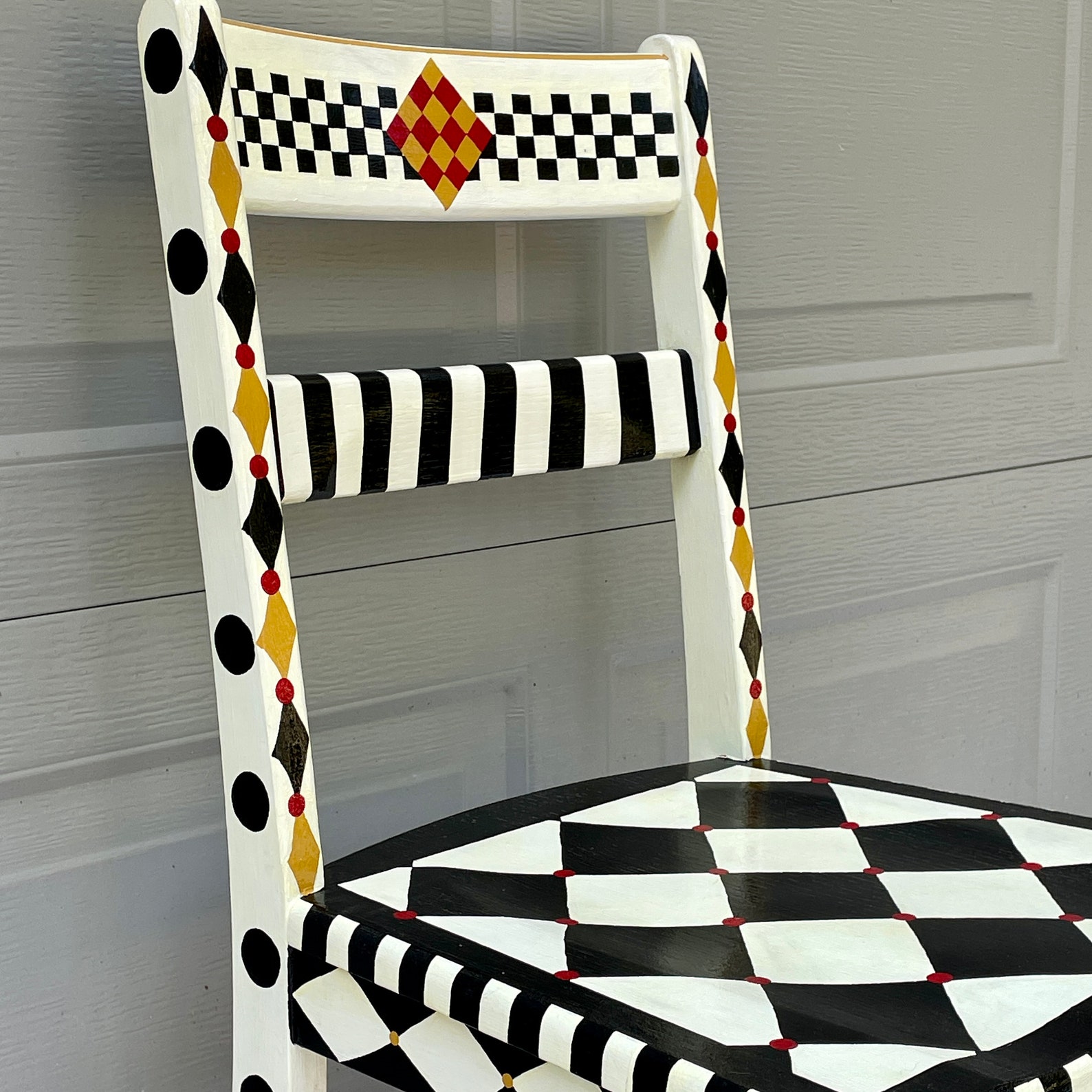 Whimsical Painted Desk Chair Black and White/cream Checkerboard Design