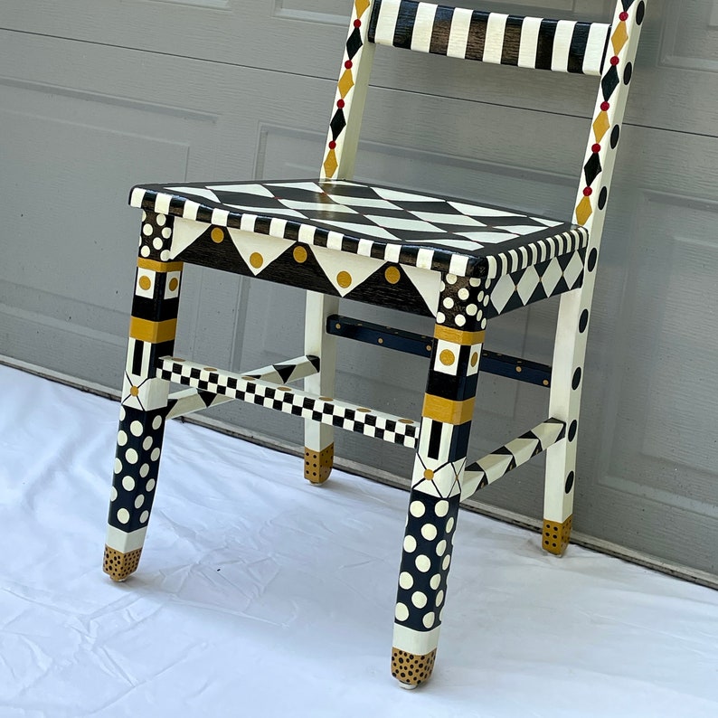 Whimsical Painted Desk Chair Black and White/cream Checkerboard Design
