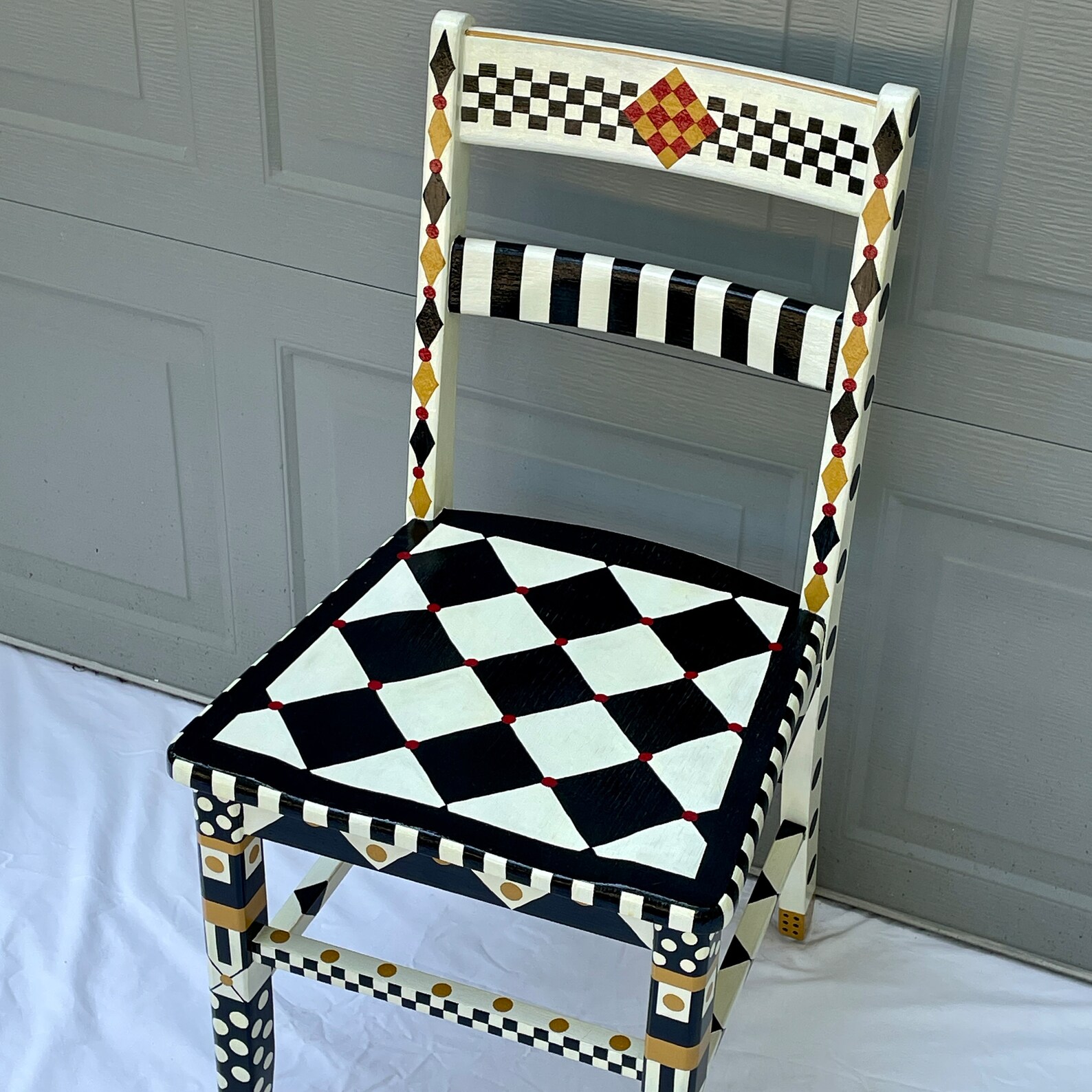 Whimsical Painted Desk Chair Black and White/cream Checkerboard Design