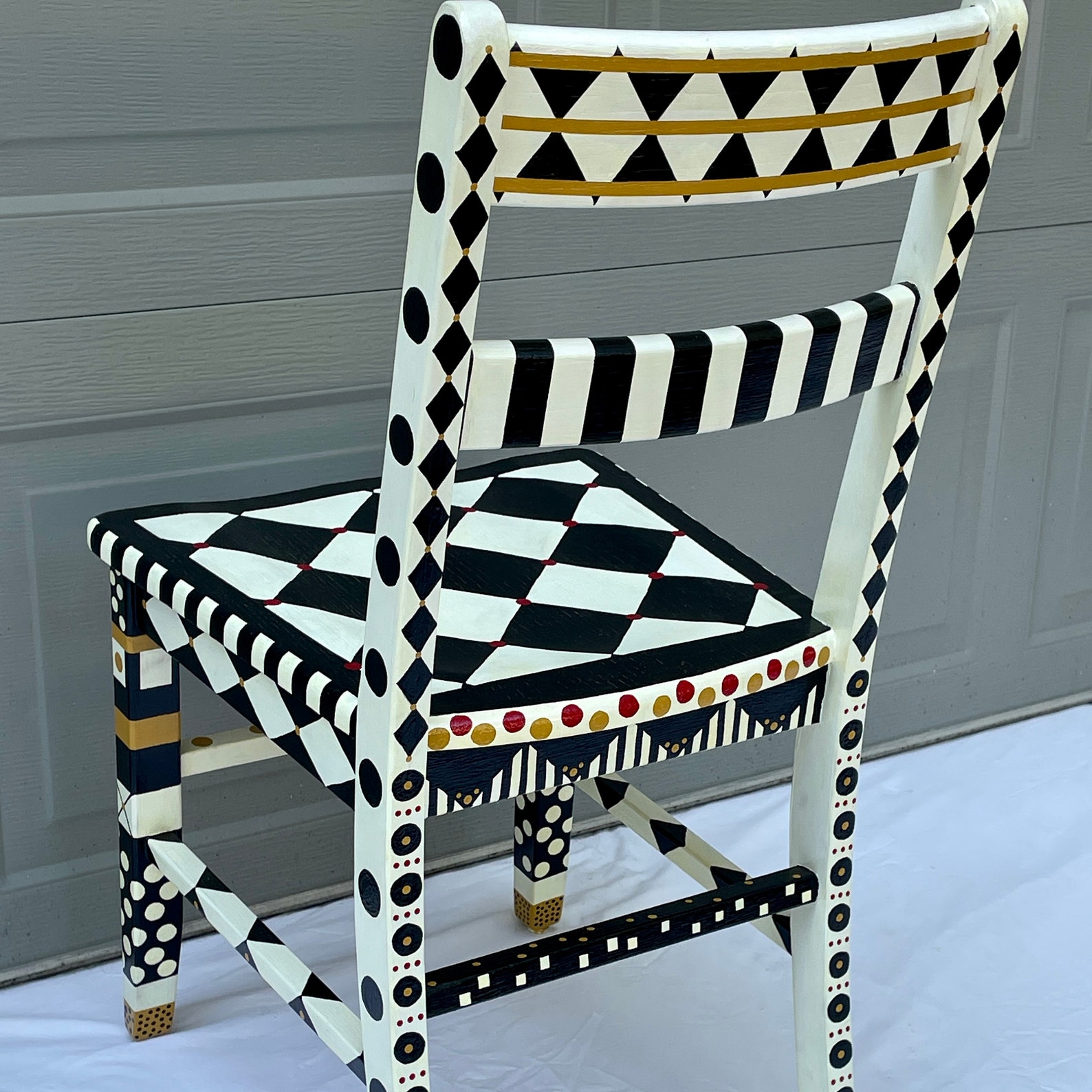 Whimsical Painted Desk Chair Black and White/cream Checkerboard Design