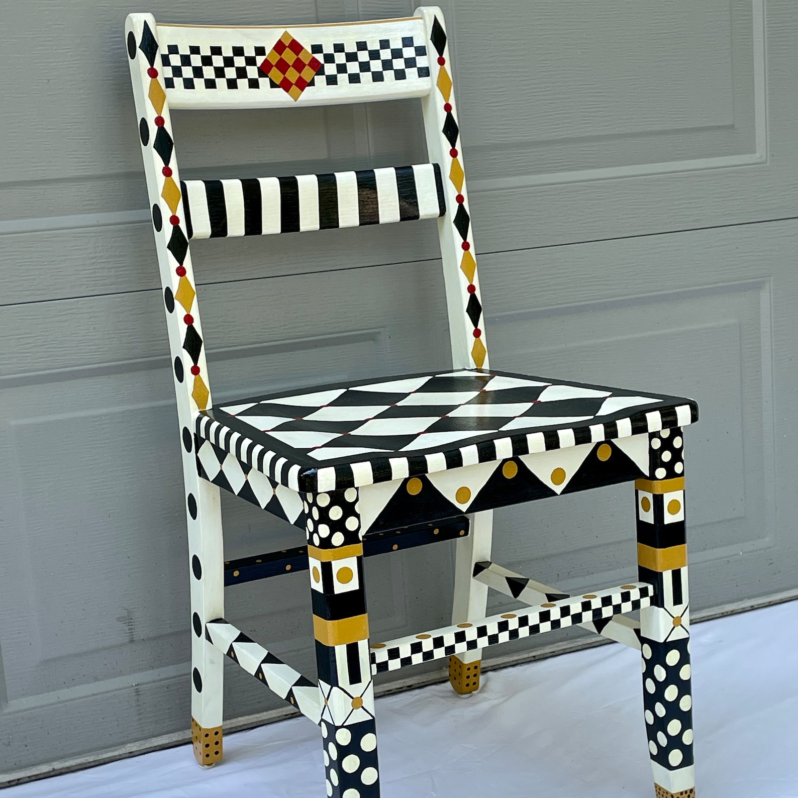 Whimsical Painted Desk Chair Black and White/cream Checkerboard Design