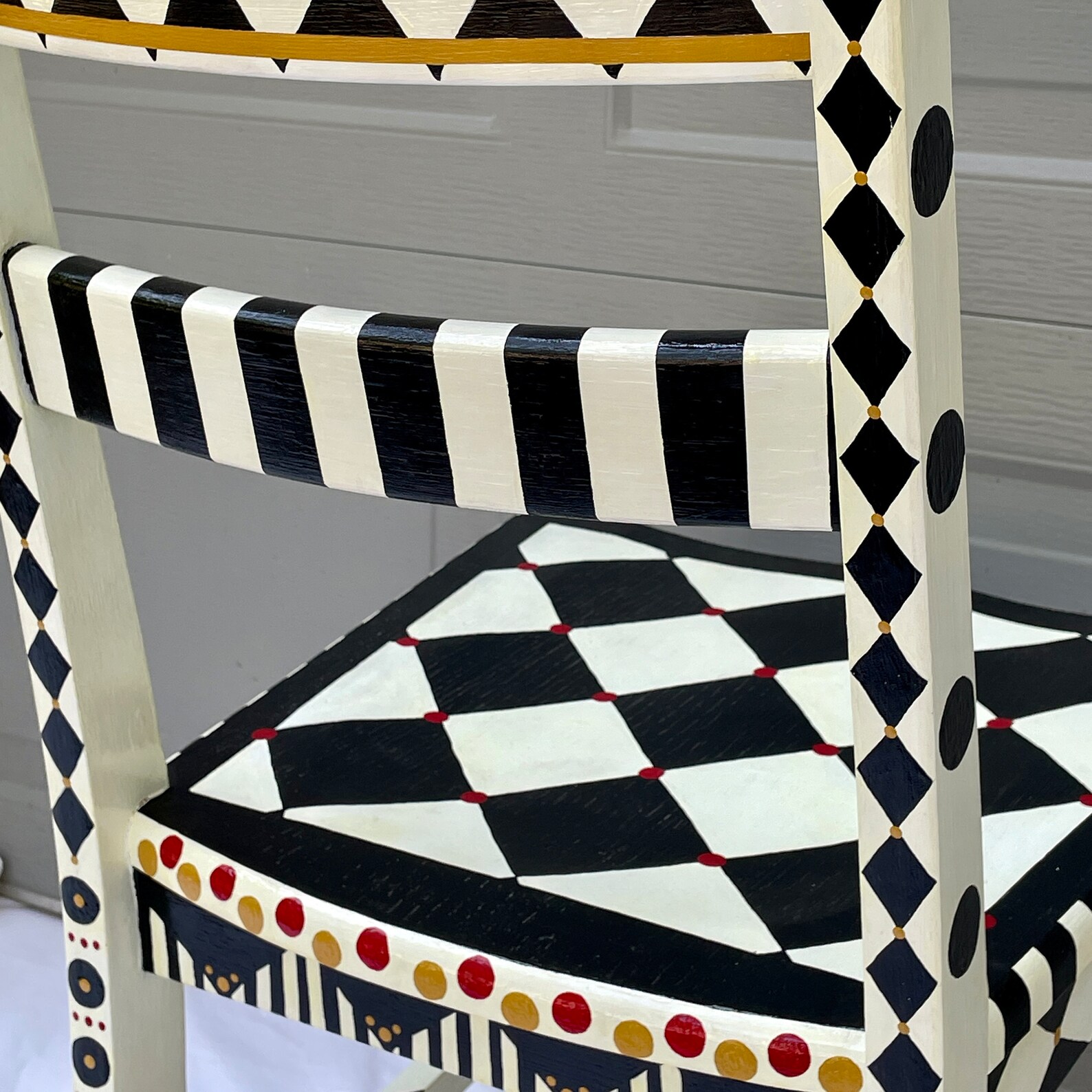 Whimsical Painted Desk Chair Black and White/cream Checkerboard Design