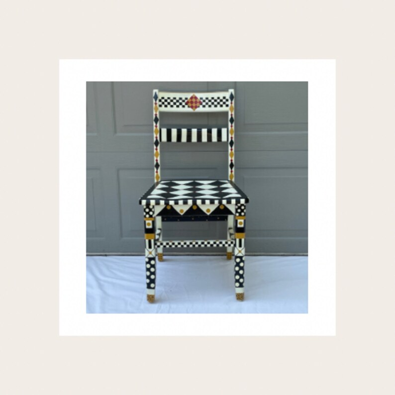 Whimsical Painted Desk Chair Black and White/cream Checkerboard Design