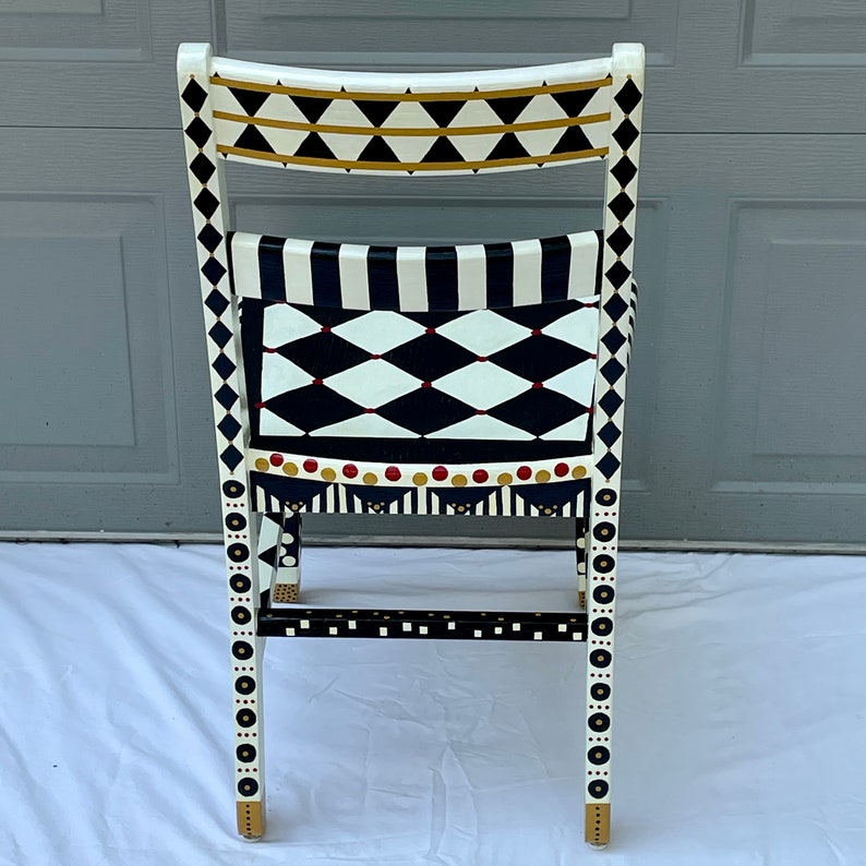 Whimsical Painted Desk Chair Black and White/cream Checkerboard Design