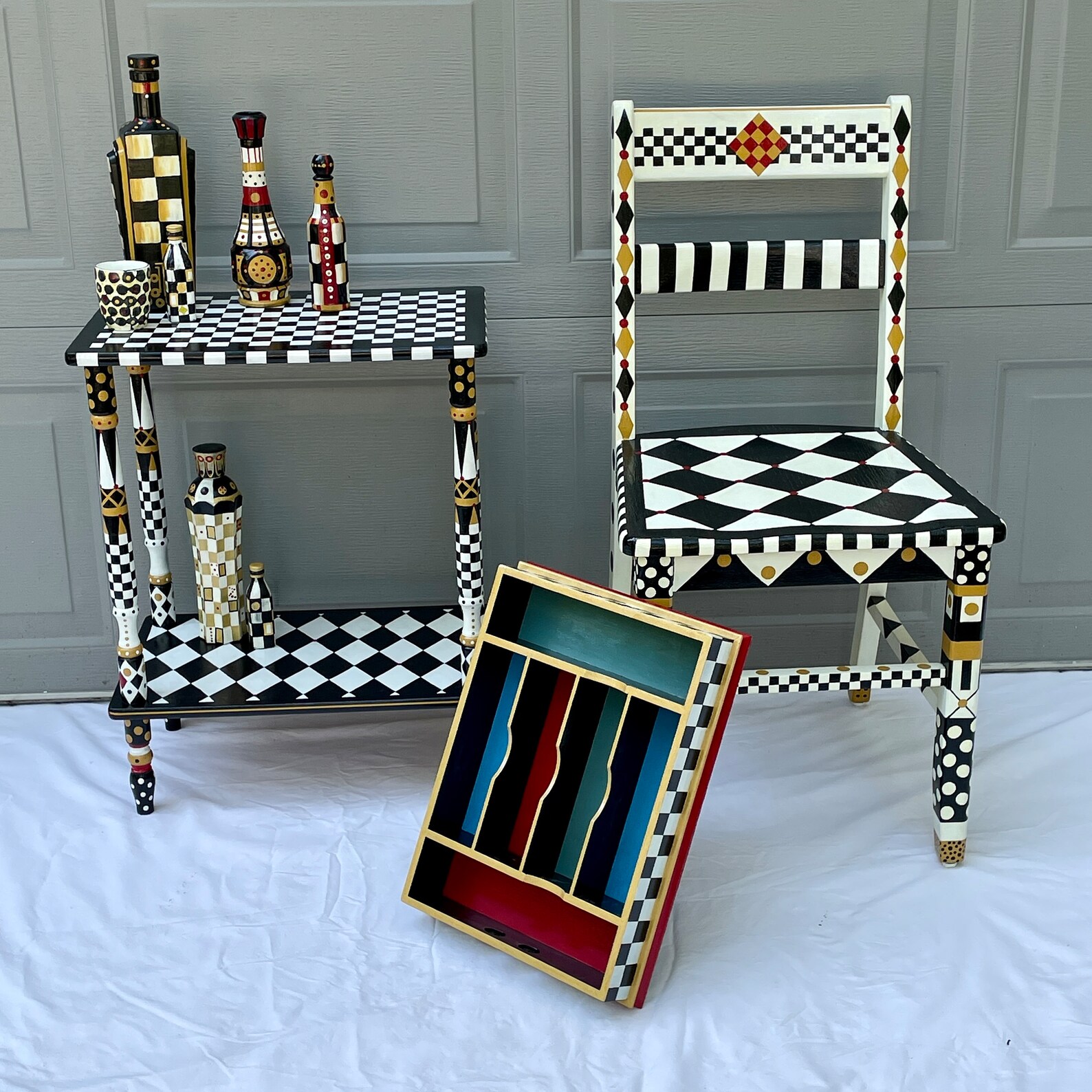 Whimsical Painted Desk Chair Black and White/cream Checkerboard Design