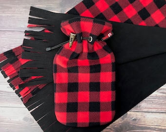 Al Fresco Set: Deluxe Hot Water Bottle with Designer Fleece Cover and Oversized Matching Scarf - Buffalo Plaid