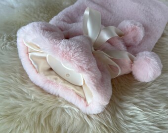 Luxe Faux Seal Fur Hot Water Bottle Cover 'Cotton Candy' with PomPoms and Ivory Satin Lining (Cover Only)