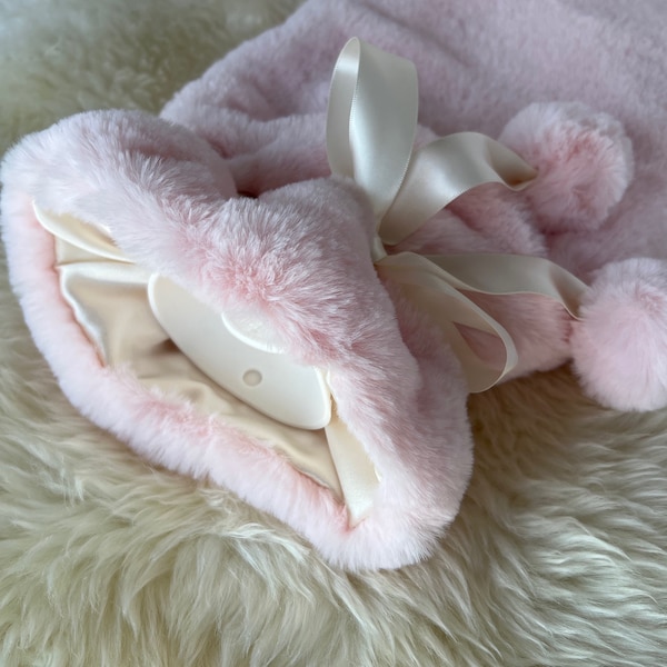 Luxe Faux Seal Fur Hot Water Bottle Cover 'Cotton Candy' with PomPoms and Ivory Satin Lining (Cover Only)