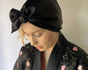 19 momme 'bella' Pure Italian Mulberry Silk Hair Wrap - Tuxedo Black lined with Cameo Blue