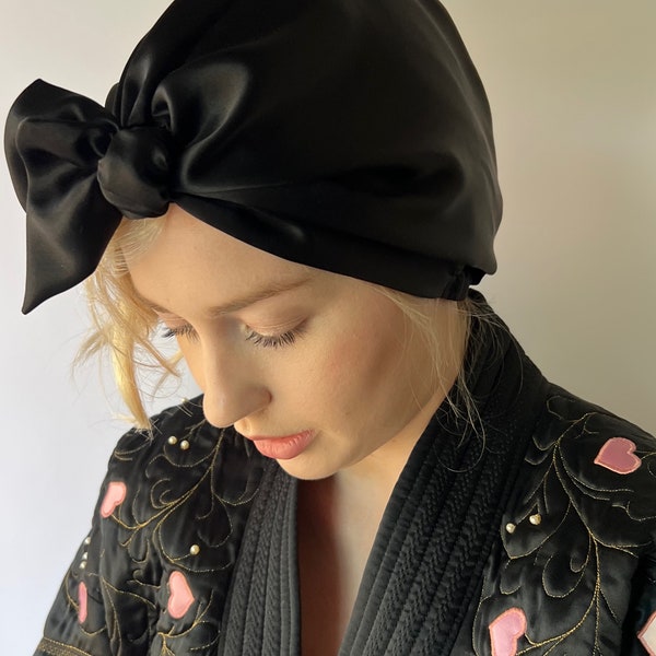 19 momme 'bella' Pure Italian Mulberry Silk Hair Wrap - Tuxedo Black lined with Cameo Blue