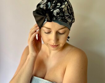 19 momme 'bella' Pure Italian Mulberry Silk Hair Wrap - Liberty Italian Silk Print lined with Cameo Blue