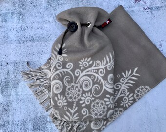 Al Fresco Set: Deluxe Hot Water Bottle with Designer Fleece Cover and Matching Scarf