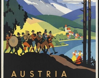 Instant Download - Vintage Travel Poster - Austria, Alps, Oompah Band, Lederhosen, artist Kosel art deco