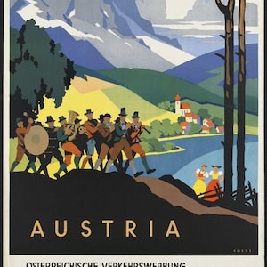 Instant Download - Vintage Travel Poster - Austria, Alps, Oompah Band, Lederhosen, artist Kosel art deco