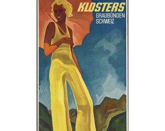 Instant Download - Vintage Travel Poster - Klosters Graubünden Switzerland Alps Woman With Parasol Deco Umbrella Grisons Serneus J.C. Müller