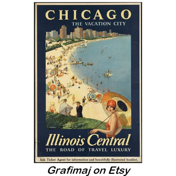 Instant Download - Vintage Travel Poster - Chicago The Vacation City, Illinois Central, Beach, Art Deco