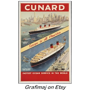 Instant Download - Vintage Travel Poster - Cunard Line Cruise Ships, RMS Queen Mary, Queen Elizabeth, New York, Manhattan, Southampton