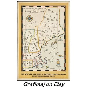 Instant Download - Vintage Travel Poster - New England Map - Maine, Vermont, New Hampshire, Massachusetts, Connecticut, Rhode Island.