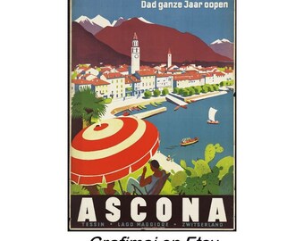 Instant Download - Vintage Travel Poster - Ascona Switzerland - Lago Maggiore, Tessin, Alps