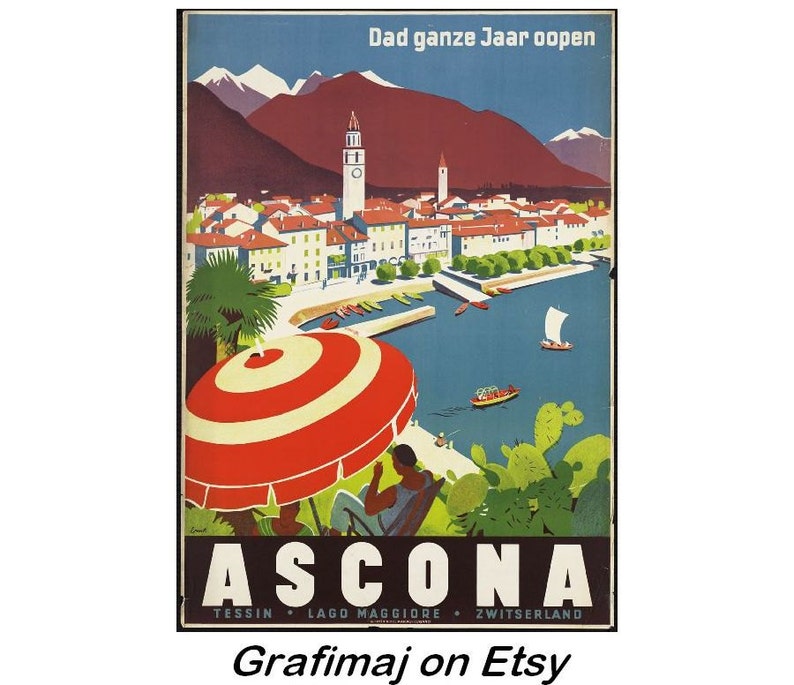 Instant Download Vintage Travel Poster Ascona Switzerland Lago Maggiore, Tessin, Alps image 1