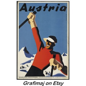 Instant Download - Vintage Travel Poster - Austria, Alps, Skiing, art deco