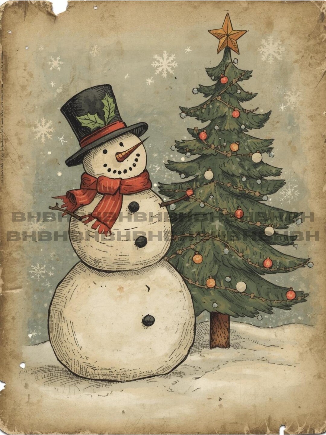 Snowman Christmas Tree Winter Time Primitive Grungy Digital Download ...