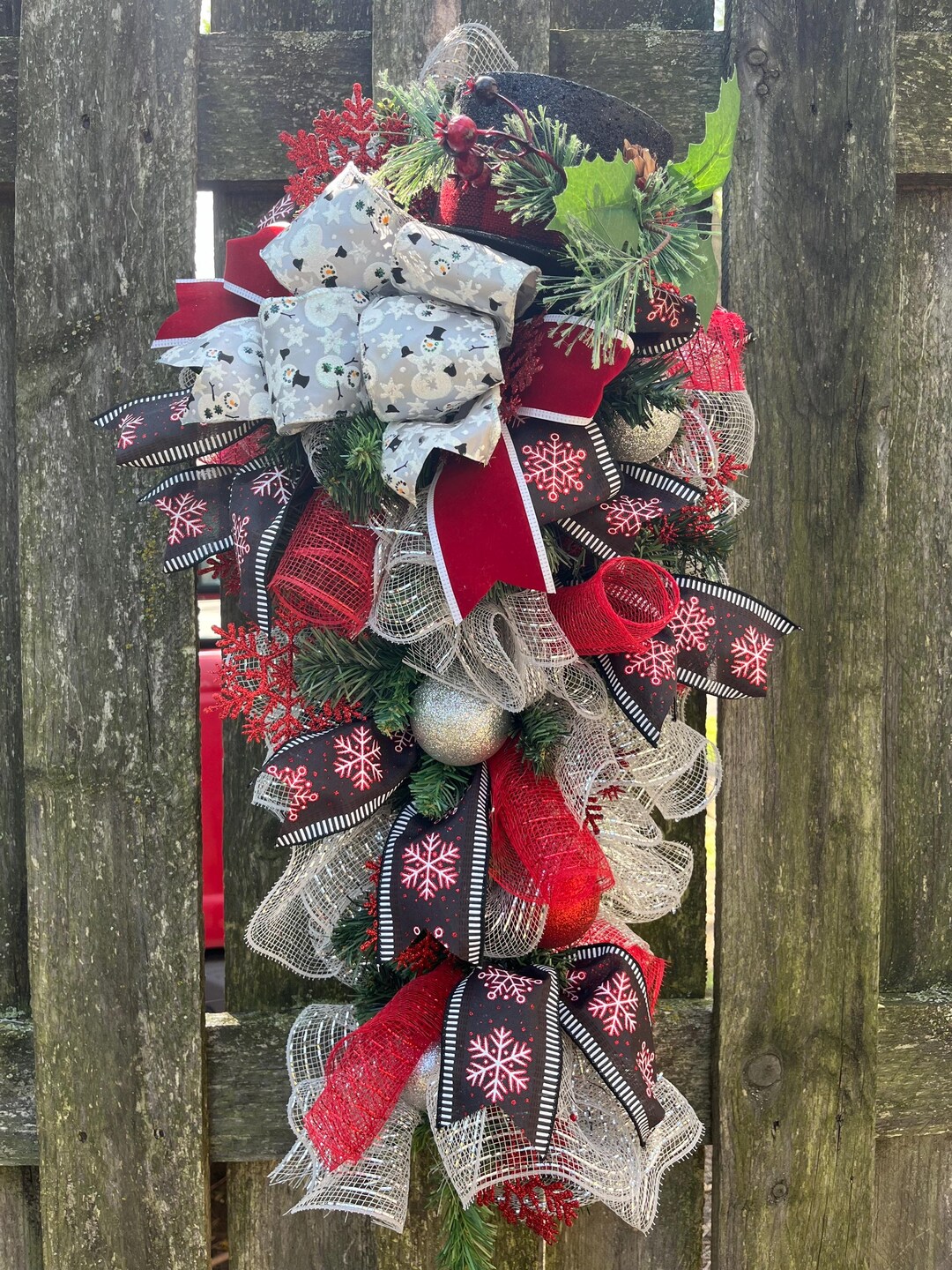 Snowman Christmas Door Swag: Red, Black & Silver Winter Decor - Etsy