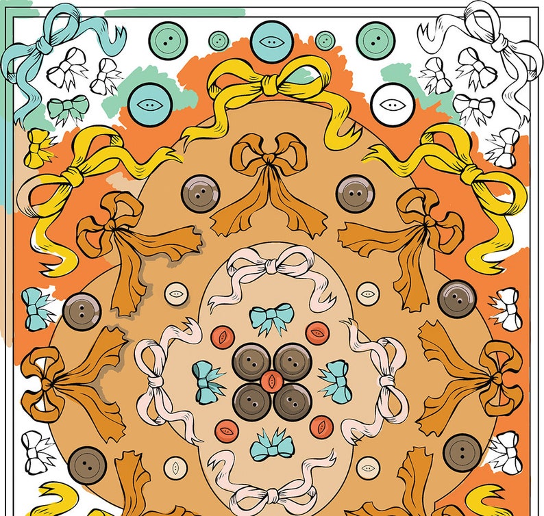 May include: A colorful digital illustration of a symmetrical design featuring bows, buttons, and other sewing-related items. The design is set against a background of orange, green, and blue.