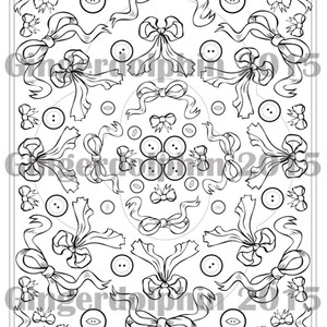May include: A black and white coloring page featuring a repeating pattern of bows and buttons. The design is symmetrical and has a vintage feel.
