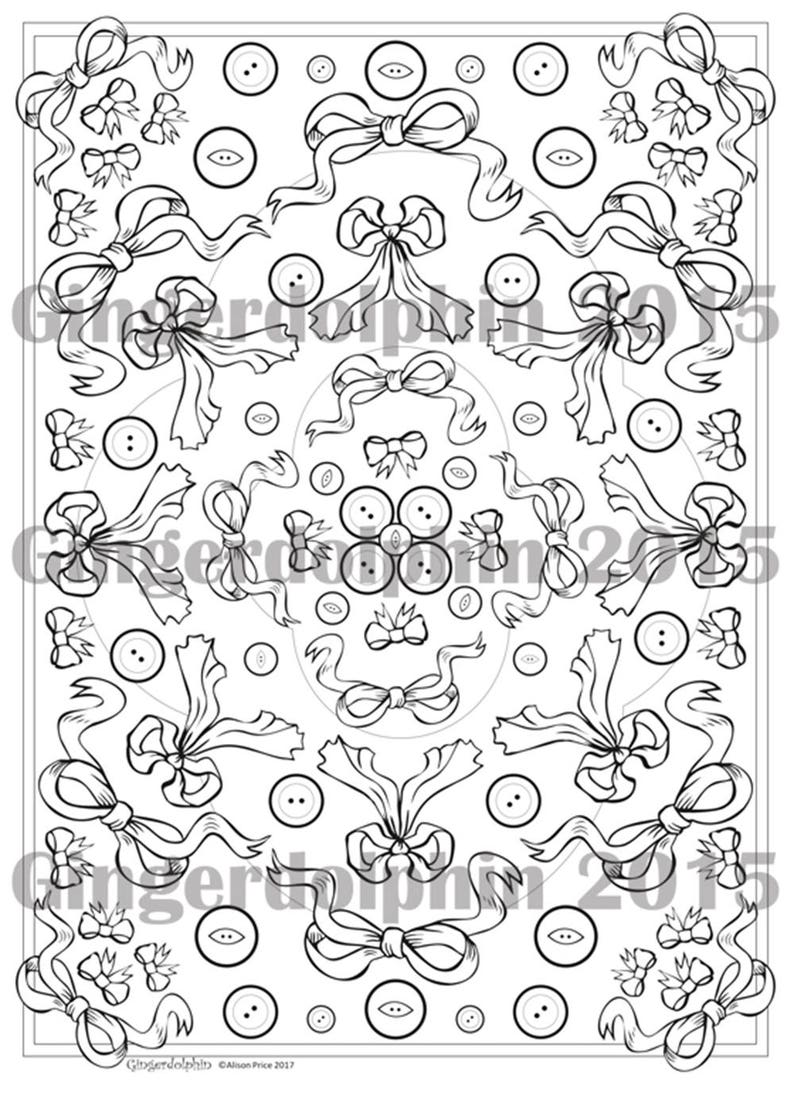 May include: A black and white coloring page featuring a repeating pattern of bows and buttons. The design is symmetrical and has a vintage feel.