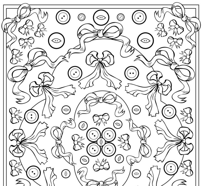 May include: A black and white illustration of a circular design with bows and buttons. The design is symmetrical and features a repeating pattern of bows and buttons.