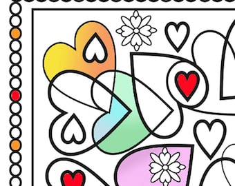 Heart and flowers colouring page for all ages.  An art therapy, relaxation and hobby pastime. Valentine doodle.