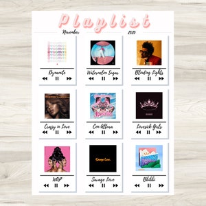 Może przedstawiać: Drukowany szablon listy odtwarzania z okładkami albumów popularnych piosenek z listopada 2020 roku. Piosenki to: "Dynamite", "Watermelon Sugar", "Blinding Lights", "Crazy in Love", "Con Altura", "Lovesick Girls", "WAP", "Savage Love" i "Bbibbi".