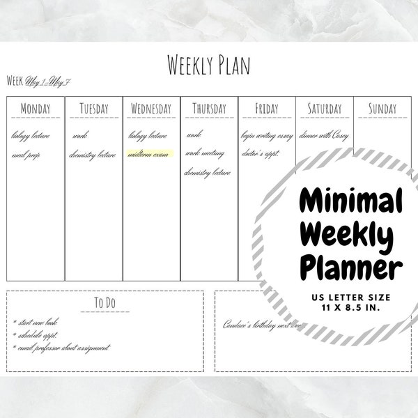 2021 Minimal Weekly Planner Printable, Weekly Agenda, To Do List, Notes, 7 Day Week, PDF Printable