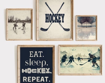 Set di stampe artistiche di hockey - Download digitale, scene di hockey classiche e Eat Sleep Hockey, decorazioni da parete per gallerie sportive, collezione di arte istantanea