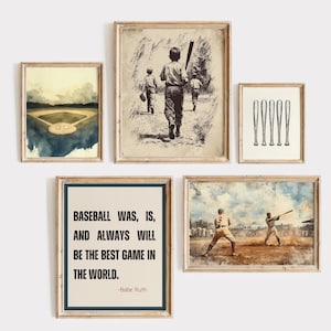 Vintage Baseball Art Prints Set - Digital Download, Classic Baseball Scenes and Babe Ruth Quote, Sports Wall Decor, Instant Art Collection