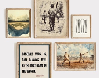 Vintage honkbalkunstafdrukken set - digitale download, klassieke honkbalscènes en citaat van Babe Ruth, sportmuurdecoratie, instant kunstcollectie
