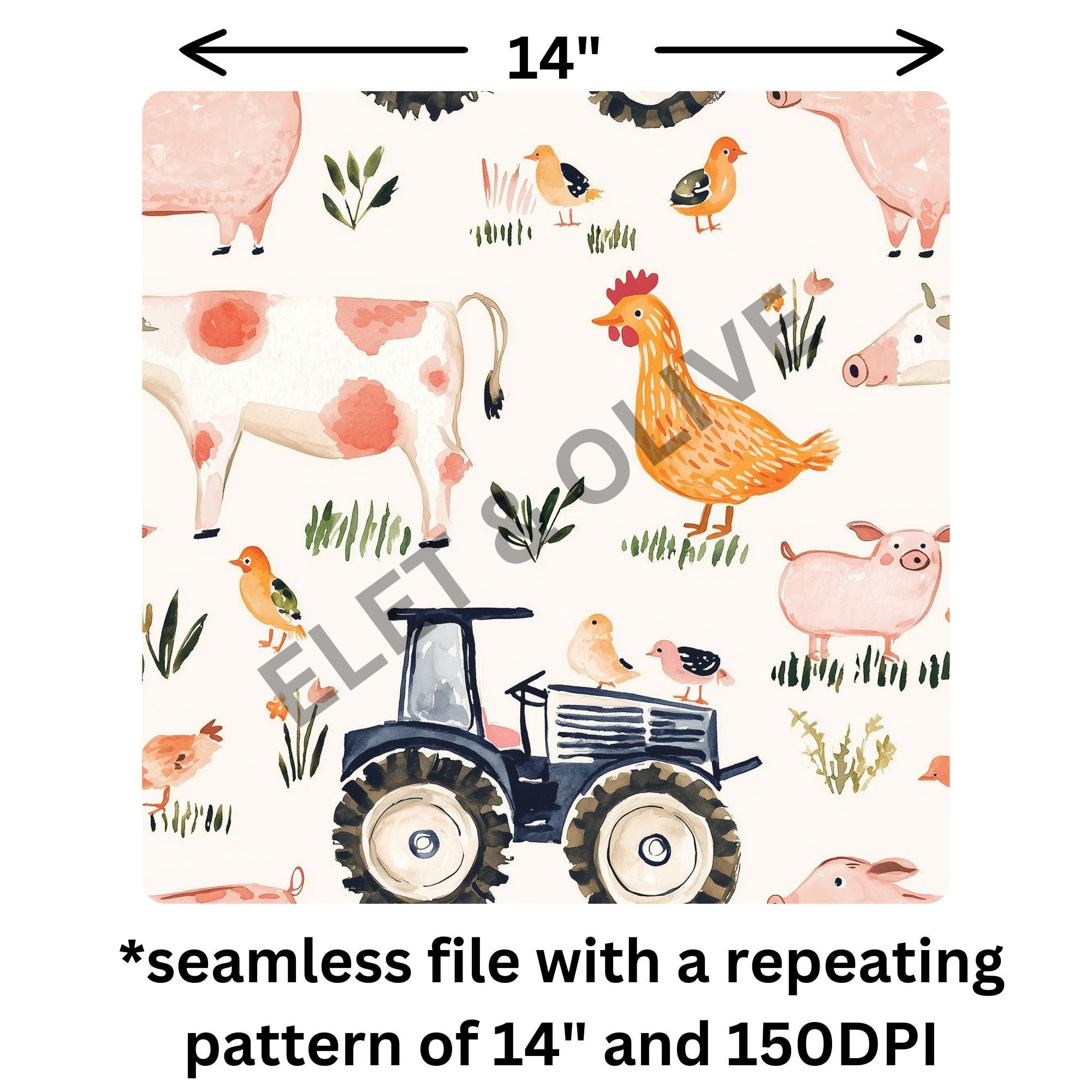 Farm Animals Tractor Seamless Pattern File - Cow, Pig, Birds and ...