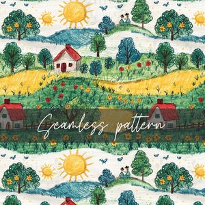 May include: A seamless pattern featuring a whimsical countryside scene with houses, trees, flowers, and a bright yellow sun. The pattern is drawn in a childlike style with colorful crayon-like lines.