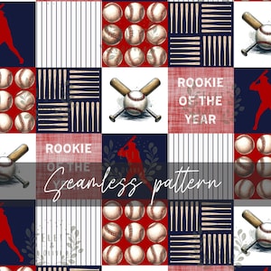 May include: A seamless pattern featuring a baseball theme. The pattern includes baseball bats, baseballs, and the text "Rookie of the Year" in red, white, and blue colors.