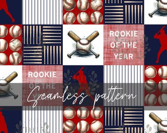 Baseball Muster Nahtlose Datei, DIGITALER DOWNLOAD, Patchwork-Rookie des Jahres, Für Sport-Themen-Dekor, druckbare DATEI nur, rot und blau